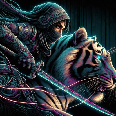 The primary subject of the image is a woman riding a tiger. The setting is a dark, colorful environment, possibly a fantasy or futuristic world. The visual style is a digital art or illustration, with a vibrant and lively atmosphere. The colors and mood are predominantly purple and blue, creating a sense of mystery and adventure.